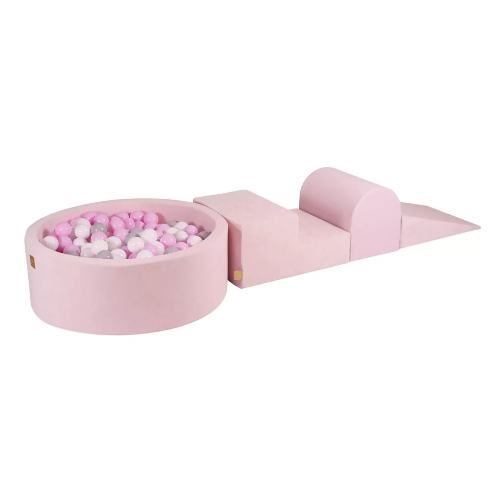 Putų 3 elementų žaidimų rinkinys su kamuoliukų duobe 90x30 cm ir 200 kamuoliukų Sertifikuota, aksominė, "Power Pink": balta/pilka/pastelinė rožinė