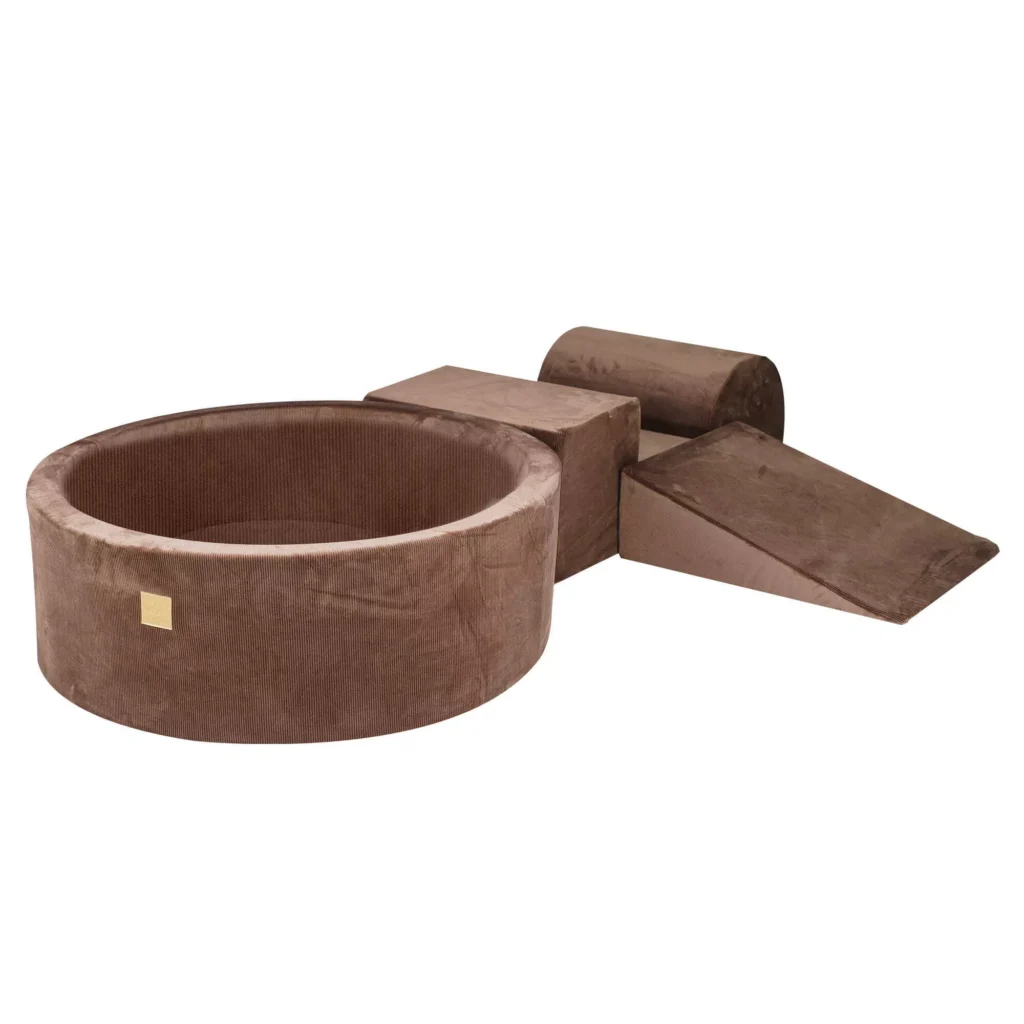 Putų 3 elementų žaidimų rinkinys su kamuoliukų duobe 90x30cm su 200 kamuoliukų Sertifikuota, aksominis velvetas, šokoladas, be kamuoliukų