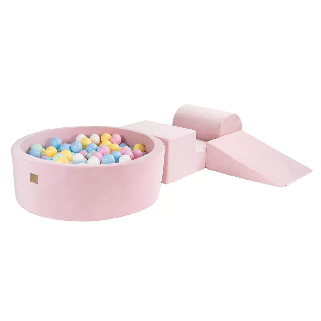 Putų 3 elementų žaidimų rinkinys su kamuoliukų duobe 90x30 cm ir 200 kamuoliukų Sertifikuota, aksominė, šviesiai rožinė: kūdikio mėlyna/balta/bastiai rožinė/bastiai geltona/mėlyna