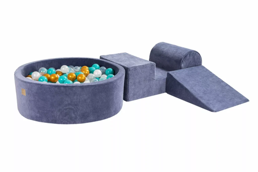 Putų 3 elementų žaidimų rinkinys su kamuoliukų duobe 90x30 cm ir 200 kamuoliukų Sertifikuota, aksominė, mėlynai pilka: turkio/aukso/permatoma/balto perlo spalva