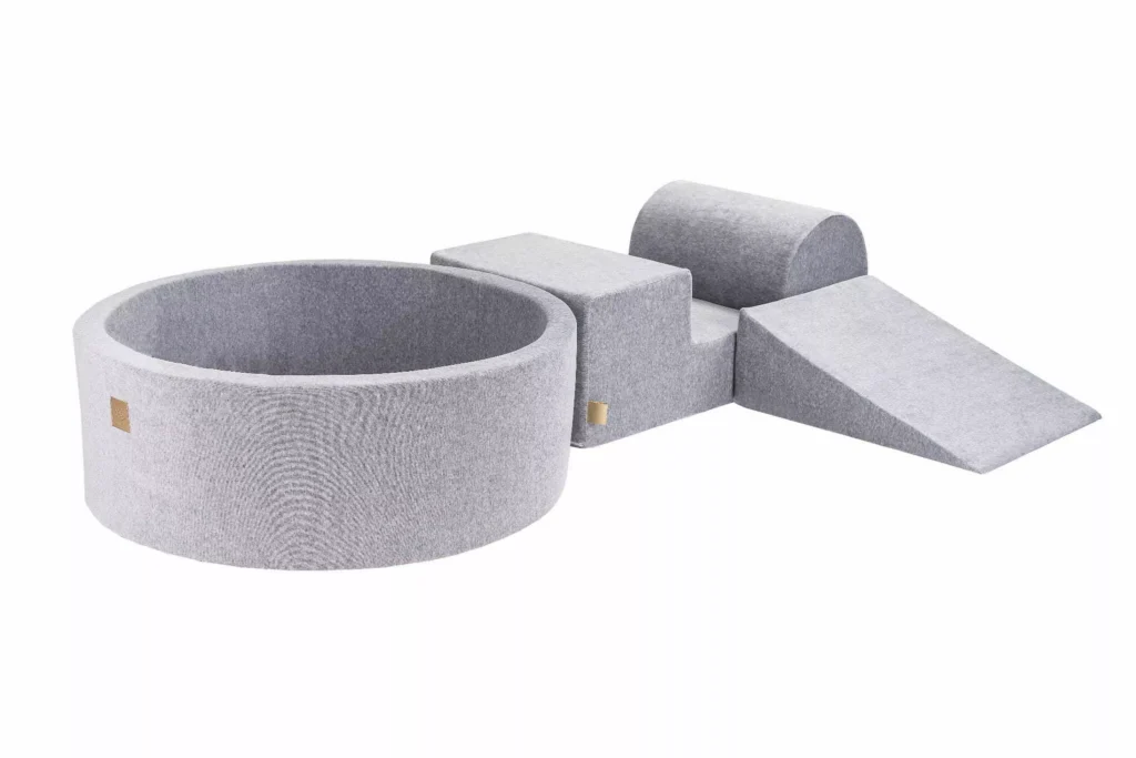 Putų 3 elementų žaidimų rinkinys su kamuoliukų duobe 90x30cm su 200 kamuoliukų Sertifikuota, aksominė, šviesiai pilka / be kamuoliukų