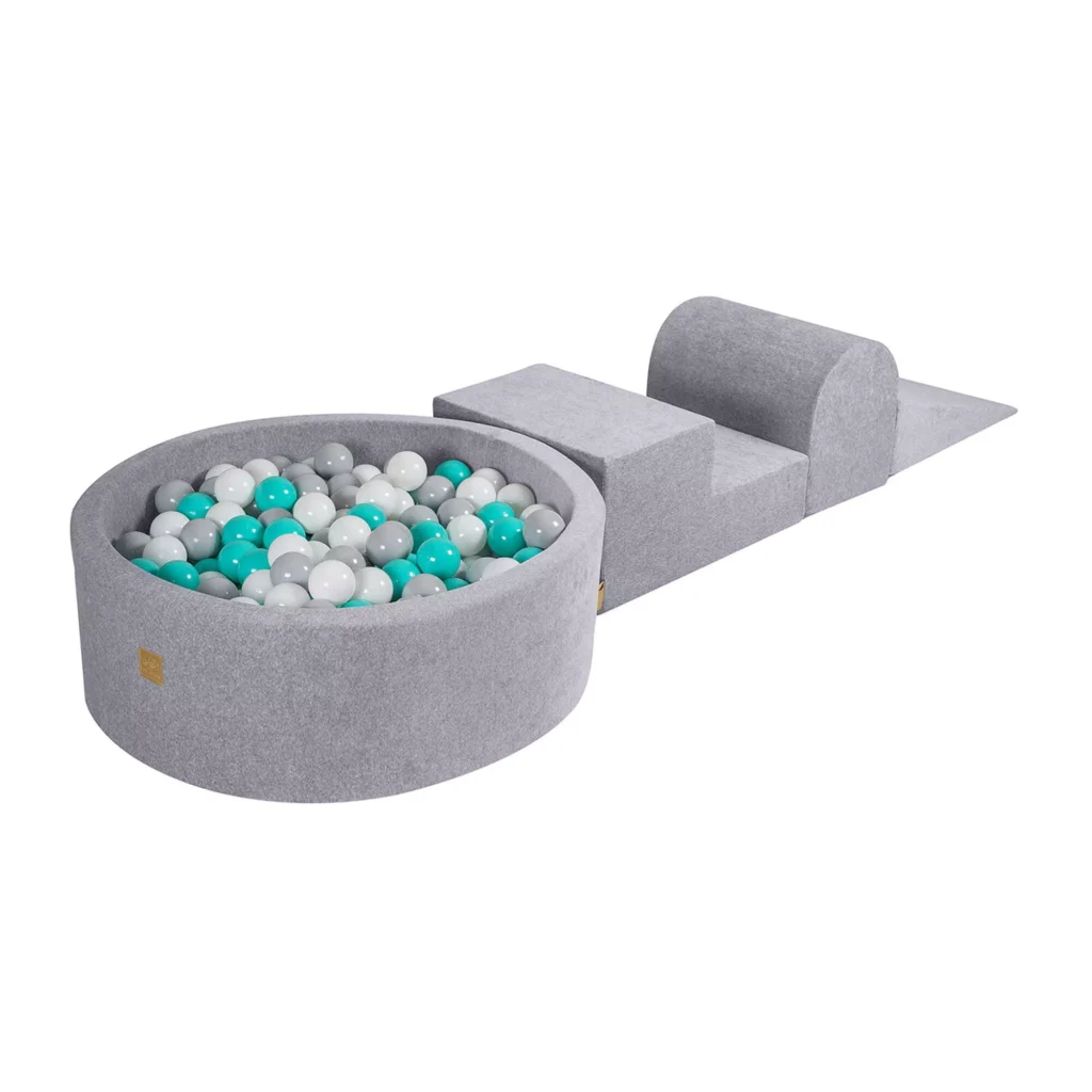 Putų 3 elementų žaidimų rinkinys su kamuoliukų duobe 90x30 cm ir 200 kamuoliukų Sertifikuota, aksominė, šviesiai pilka: balta/pilka/juodaplaukė