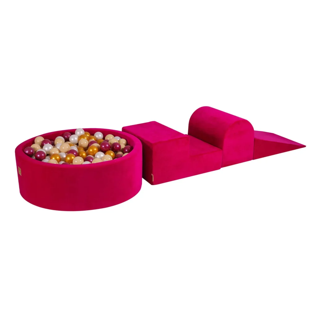 Putų 3 elementų žaidimų rinkinys su kamuoliukų duobe 90x30 cm ir 200 kamuoliukų Sertifikuota, aksominė, purpurinė: Burgundiškas perlas / auksas / baltas perlas / smėlio spalvos