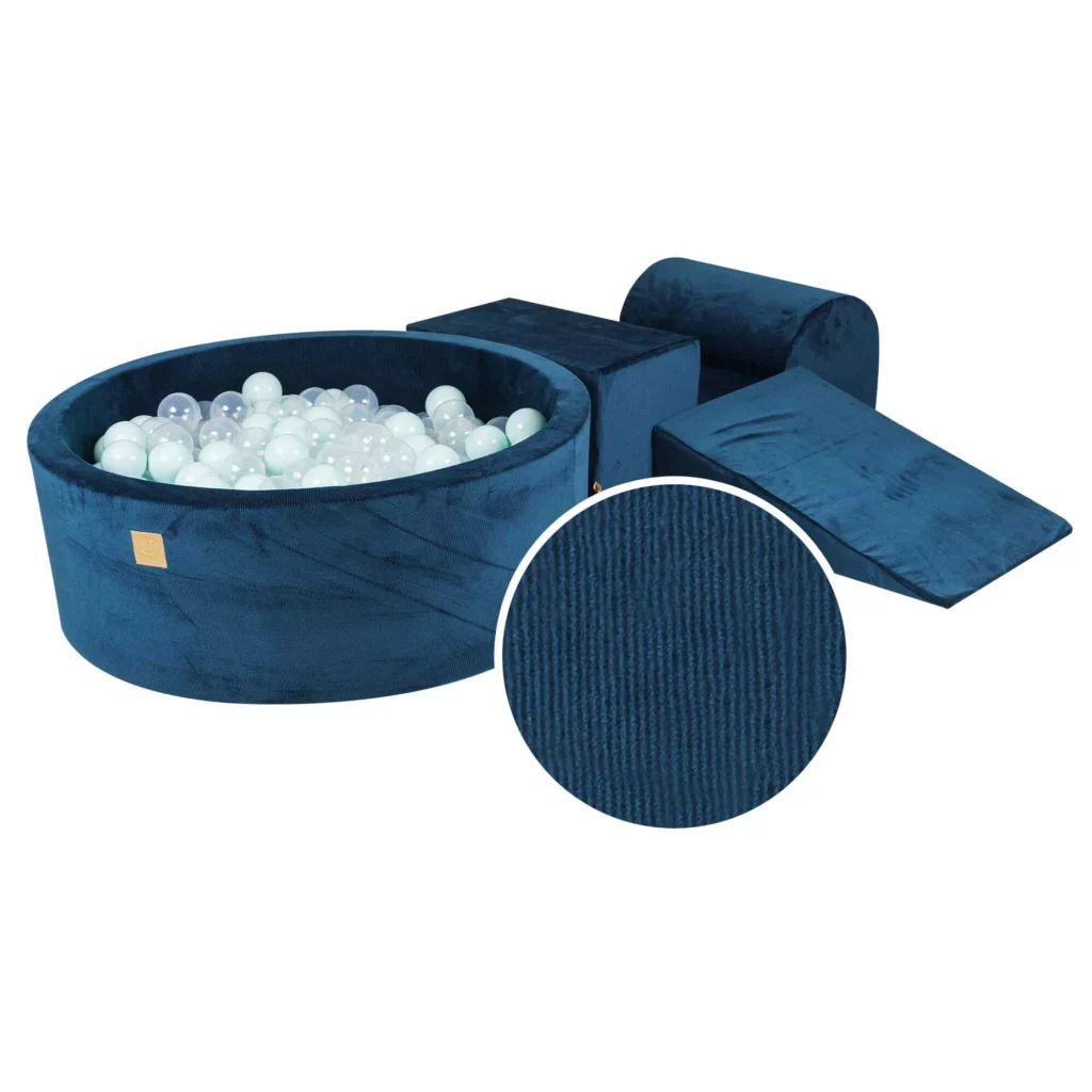 Putų 3 elementų žaidimų rinkinys su kamuoliukų duobe 90x30 cm ir 200 kamuoliukų Sertifikuota, aksominis velvetas, mėlyna jūros spalva, kamuoliukai: mėtų spalvos, skaidrūs