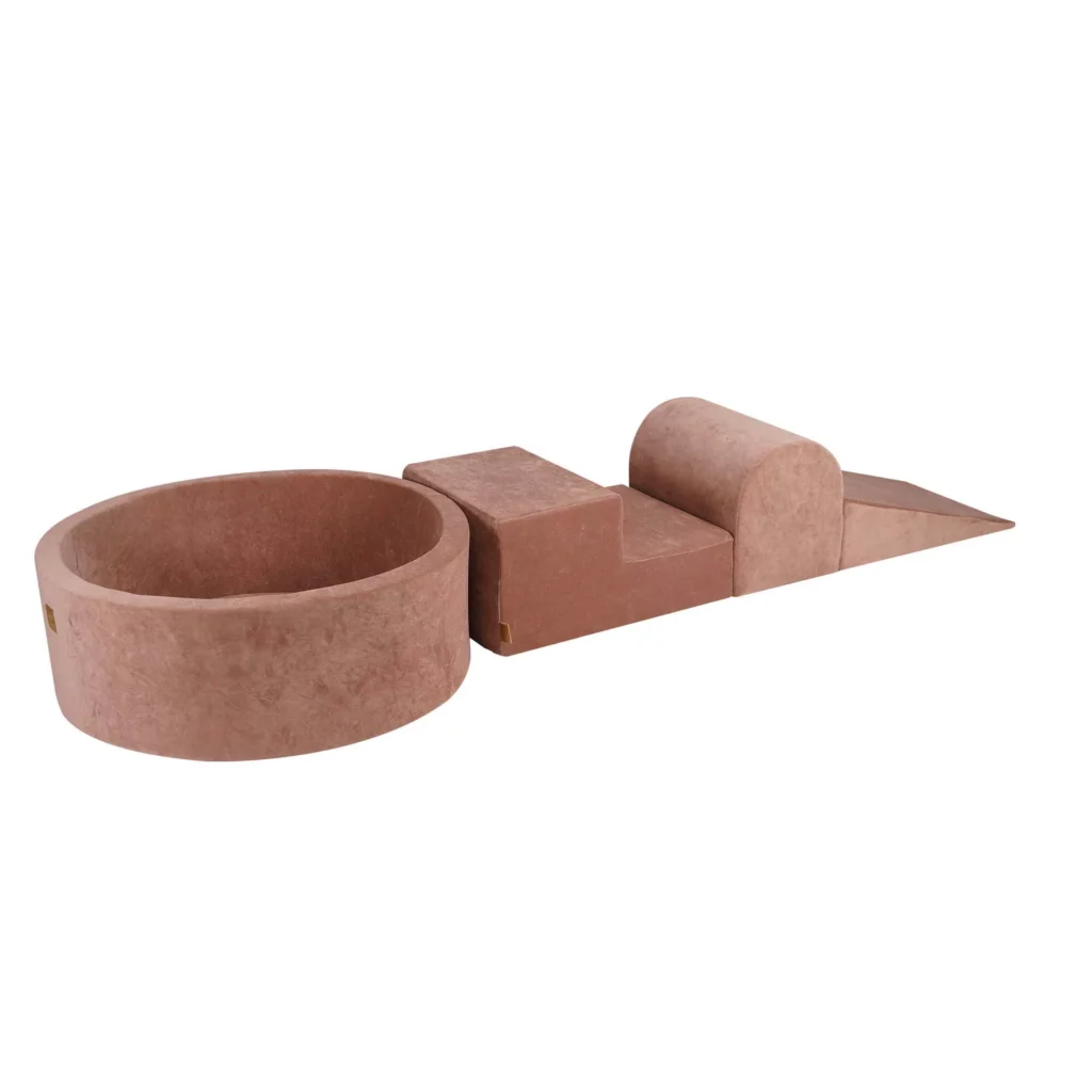 Putų 3 elementų žaidimų rinkinys su kamuoliukų duobe 90x30cm Sertifikuotas, aksominis, smėlio spalvos, be kamuoliukų