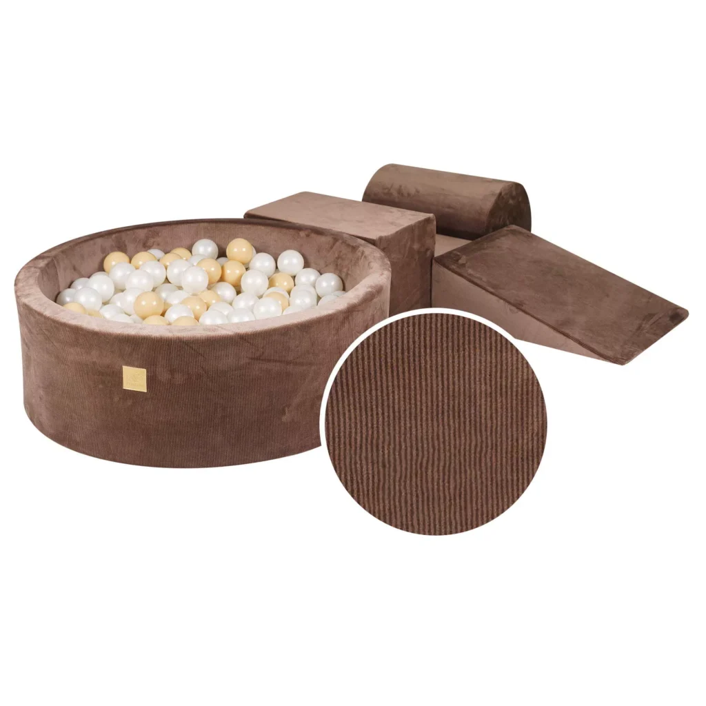 Putų 3 elementų žaidimų rinkinys su kamuoliukų duobe 90x30 cm ir 200 kamuoliukų Sertifikuota, aksominis velvetas, šokoladas, kamuoliukai: smėlio spalvos, baltas perlas