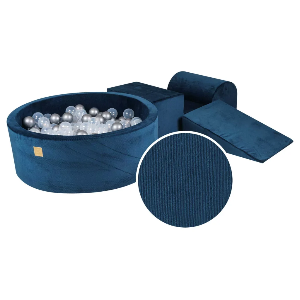 Putų 3 elementų žaidimų rinkinys su kamuoliukų duobe 90x30 cm ir 200 kamuoliukų Sertifikuota, aksominis velvetas, mėlyna jūros spalva, kamuoliukai: skaidrūs, sidabriniai