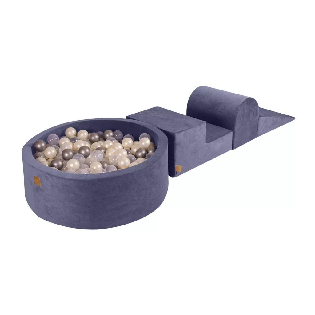 Putų 3 elementų žaidimų rinkinys su kamuoliukų duobe 90x30cm ir 200 kamuoliukų Sertifikuota, aksominė, pilkai mėlyna: balta perlamutrinė / permatoma / sidabrinė