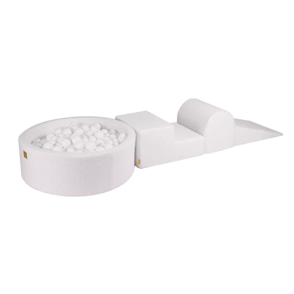 Putų 3 elementų žaidimų rinkinys su kamuoliukų duobe 90x30cm ir 200 kamuoliukų Sertifikuota, Boucle, balta: balta/permatoma