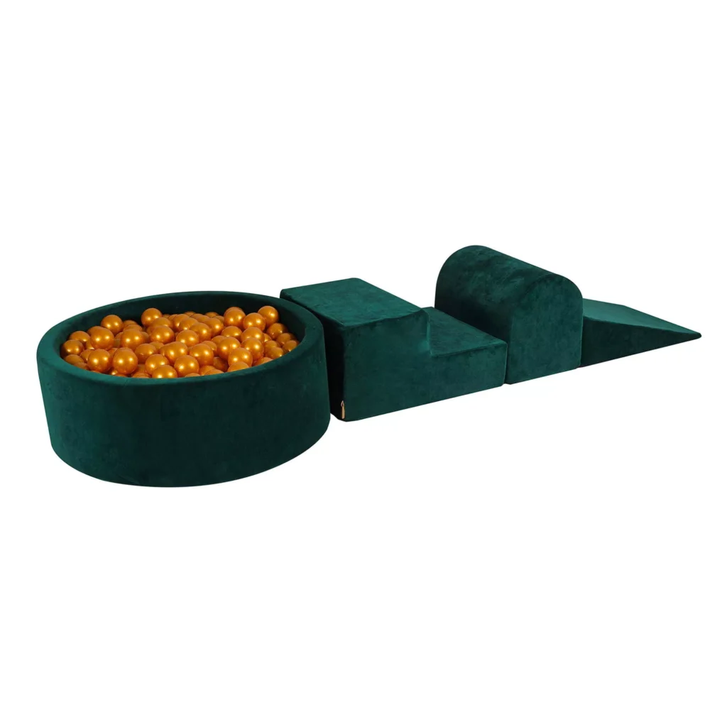 Putų 3 elementų žaidimų rinkinys su kamuoliukų duobe 90x30cm ir 200 kamuoliukų Sertifikuota, aksominė, tamsiai žalia: Auksinė