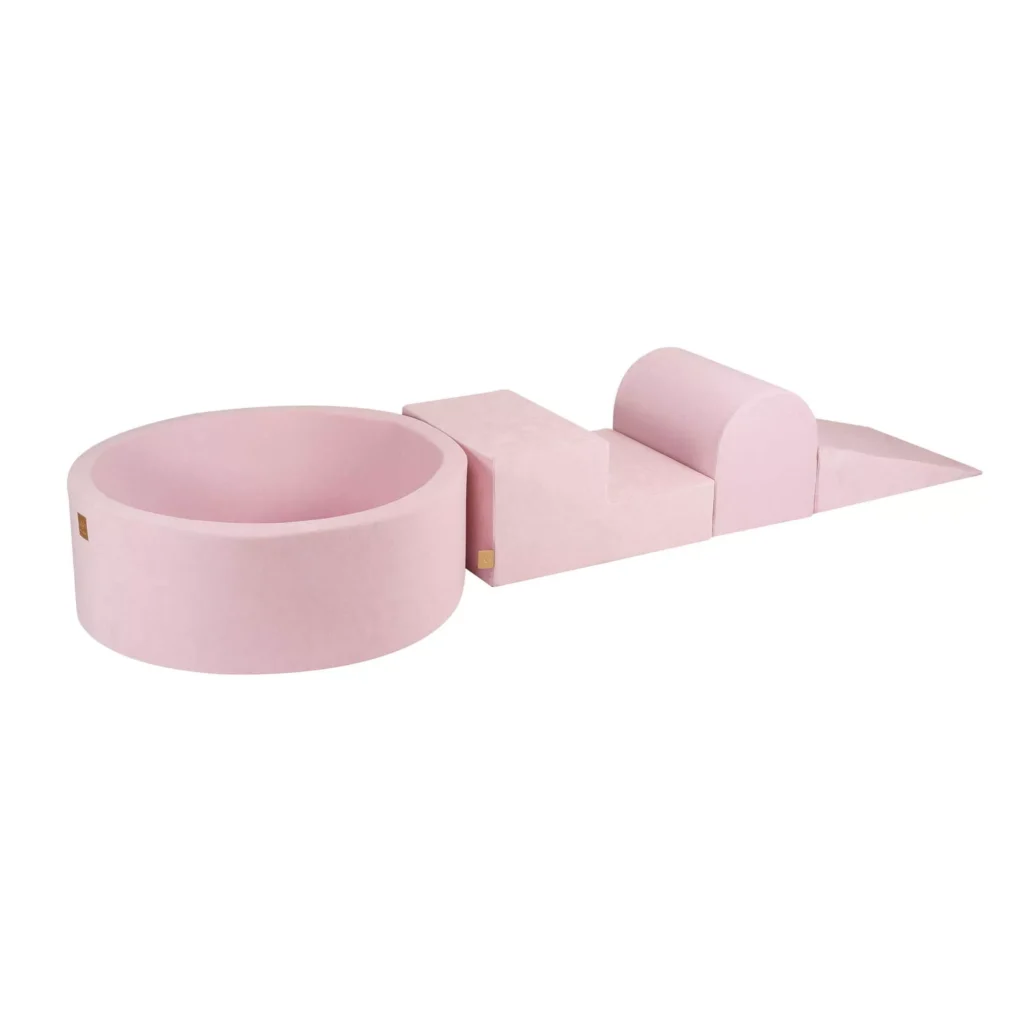 Putų 3 elementų žaidimų rinkinys su kamuoliukų duobe 90x30cm Sertifikuotas, aksomas, Power Pink, be kamuoliukų