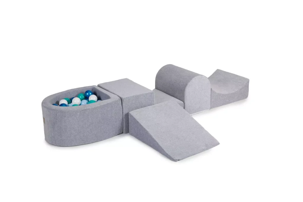Putų žaidimų rinkinys su maža kamuoliukų duobe Vaikų žaidimų aikštelė su 100 kamuoliukų Sertifikuota, aksominė, šviesiai pilka: Blue Pearl/Baby Blue/White/Turquoise