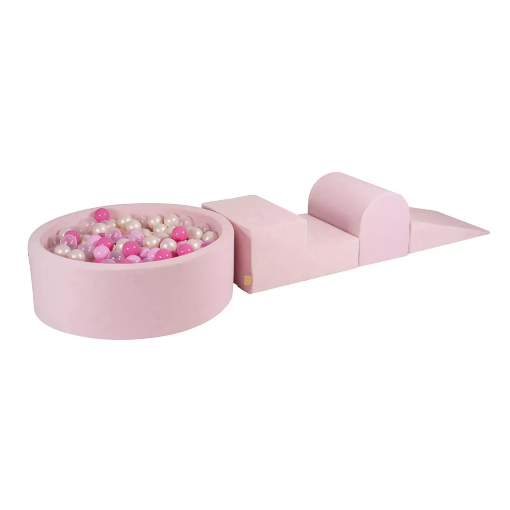 Putų 3 elementų žaidimų rinkinys su kamuoliukų duobe 90x30cm su 200 kamuoliukų Sertifikuota, aksominė, "Power Pink": pastelinė rožinė / šviesiai rožinė / permatoma / balta perlamutrinė
