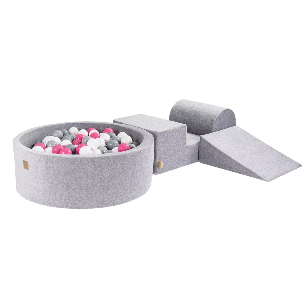 Putų 3 elementų žaidimų rinkinys su kamuoliukų duobe 90x30 cm ir 200 kamuoliukų Sertifikuota, aksominė, šviesiai pilka: šviesiai rožinė/pilka/balta