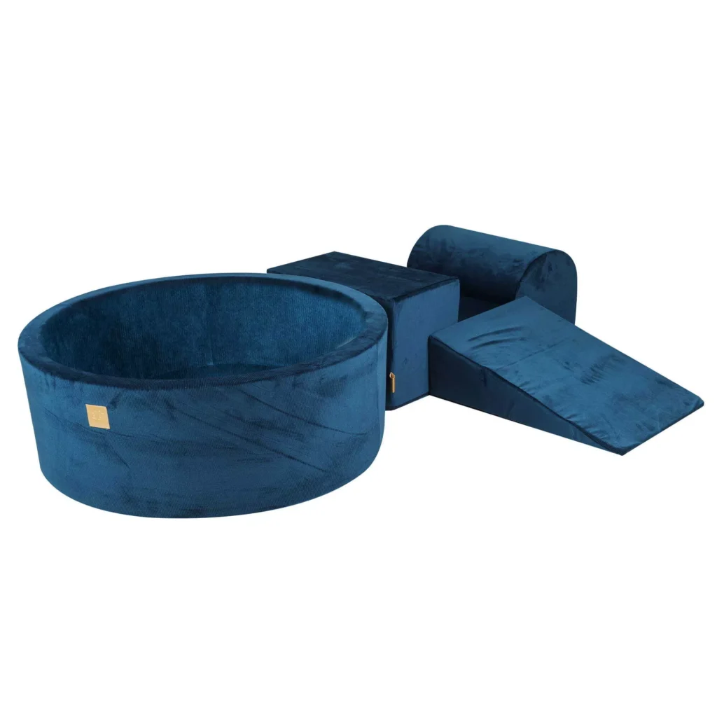 Putų 3 elementų žaidimų rinkinys su kamuoliukų duobe 90x30 cm su 200 sertifikuotų kamuoliukų, aksominis velvetas, mėlyna jūros spalva, be kamuoliukų