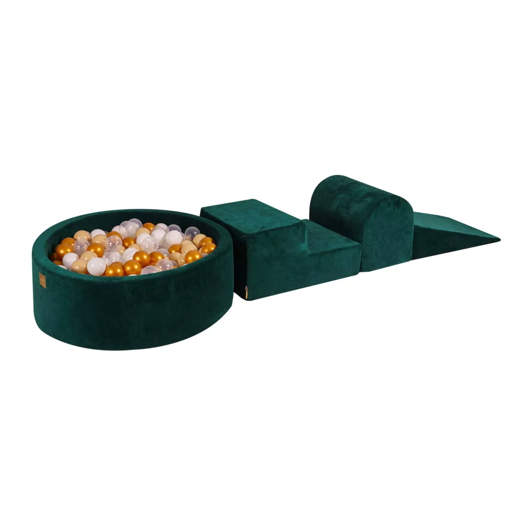 Putų 3 elementų žaidimų rinkinys su kamuoliukų duobe 90x30cm ir 200 kamuoliukų Sertifikuota, aksominė, tamsiai žalia: auksinė/smėlio/balta/permatoma