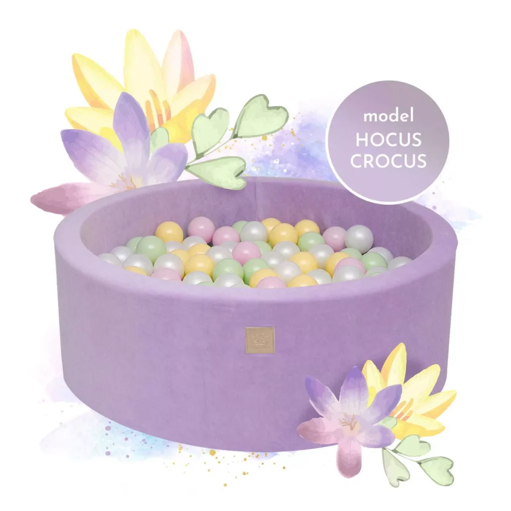 Apvali kamuoliukų duobė su 250 kamuoliukų, 90x30cm, alyvinė, aksominė, modelis "Hocus Crocus