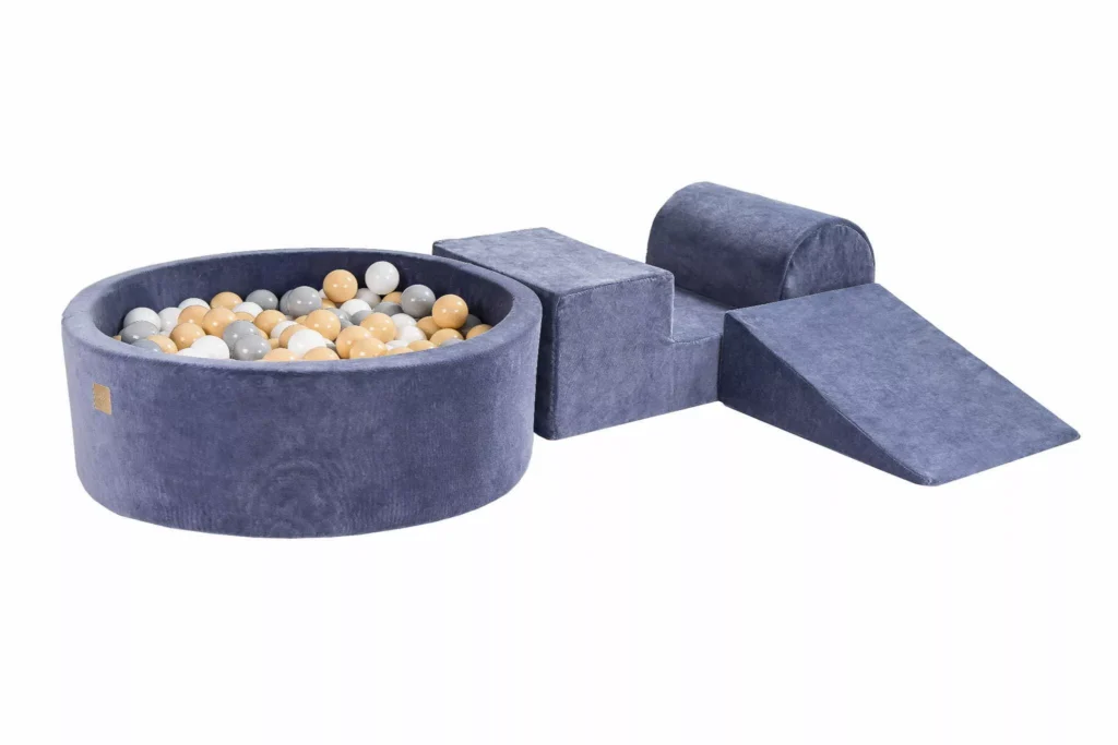 Putų 3 elementų žaidimų rinkinys su kamuoliukų duobe 90x30 cm ir 200 kamuoliukų Sertifikuota, aksominė, mėlynai pilka: pilka/smėlio/balta
