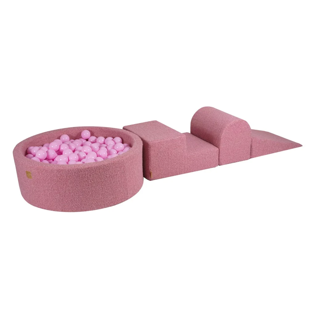 Putų 3 elementų žaidimų rinkinys su kamuoliukų duobe 90x30cm ir 200 kamuoliukų Sertifikuota, Boucle, rožinė: pastelinė rožinė