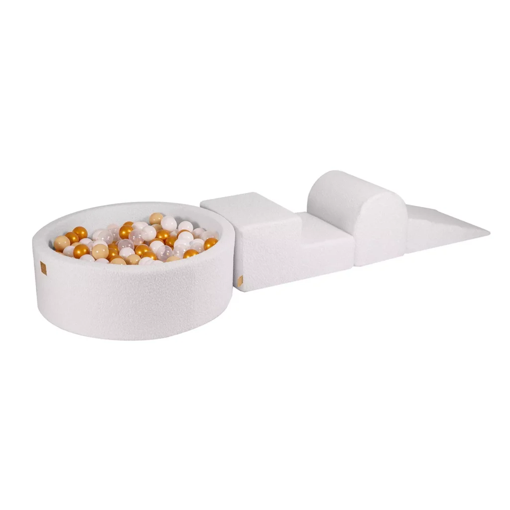 Putų 3 elementų žaidimų rinkinys su kamuoliukų duobe 90x30cm ir 200 kamuoliukų Sertifikuota, Boucle, balta: Auksinė/Beige/White/Transparent