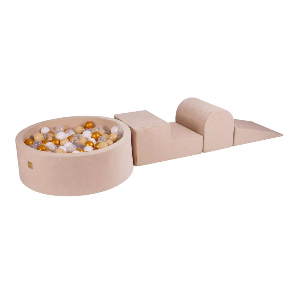 Putų 3 elementų žaidimų rinkinys su kamuoliukų duobe 90x30cm ir 200 kamuoliukų Sertifikuota, aksominė, Ecru: auksinė/smėlio/balta/permatoma