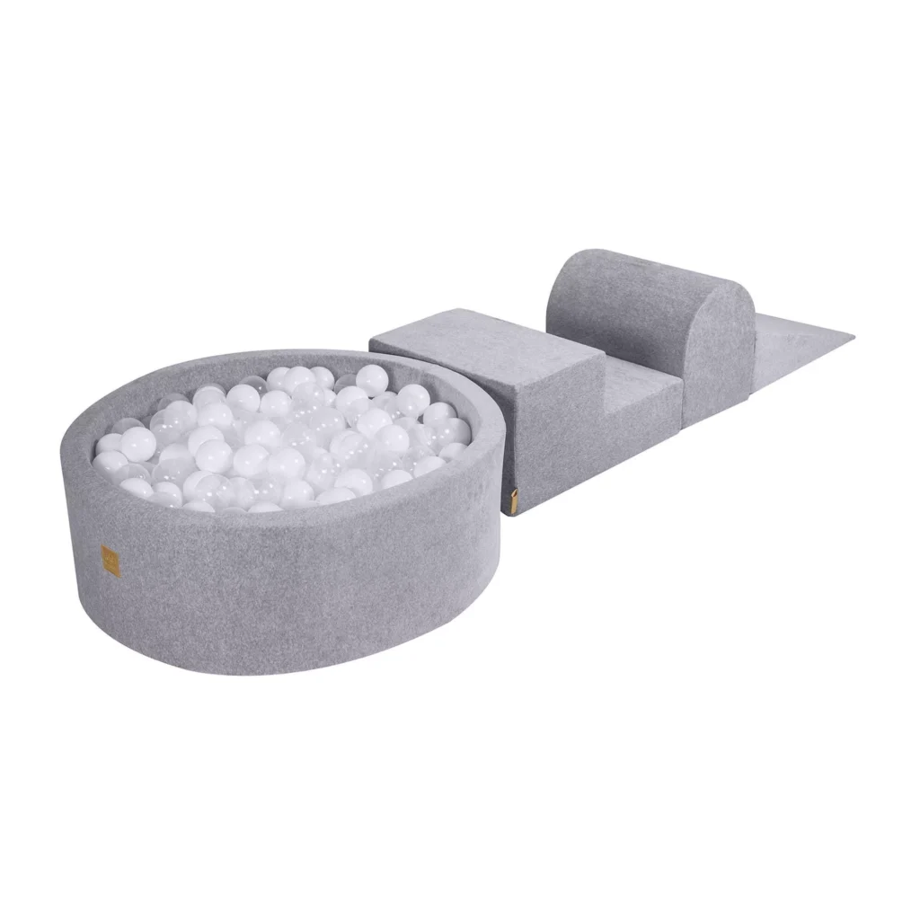 Putų 3 elementų žaidimų rinkinys su kamuoliukų duobe 90x30cm ir 200 kamuoliukų Sertifikuota, aksominė, šviesiai pilka: balta/permatoma