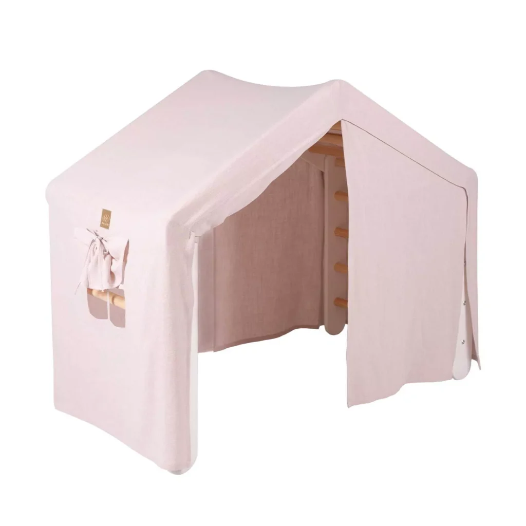 Laipiojimo kopėčios Didelis namas 112x61x94 cm Vidinis namelis su palapine Mediena, linas, viskozė, rožinis namas, baltos kopėčios