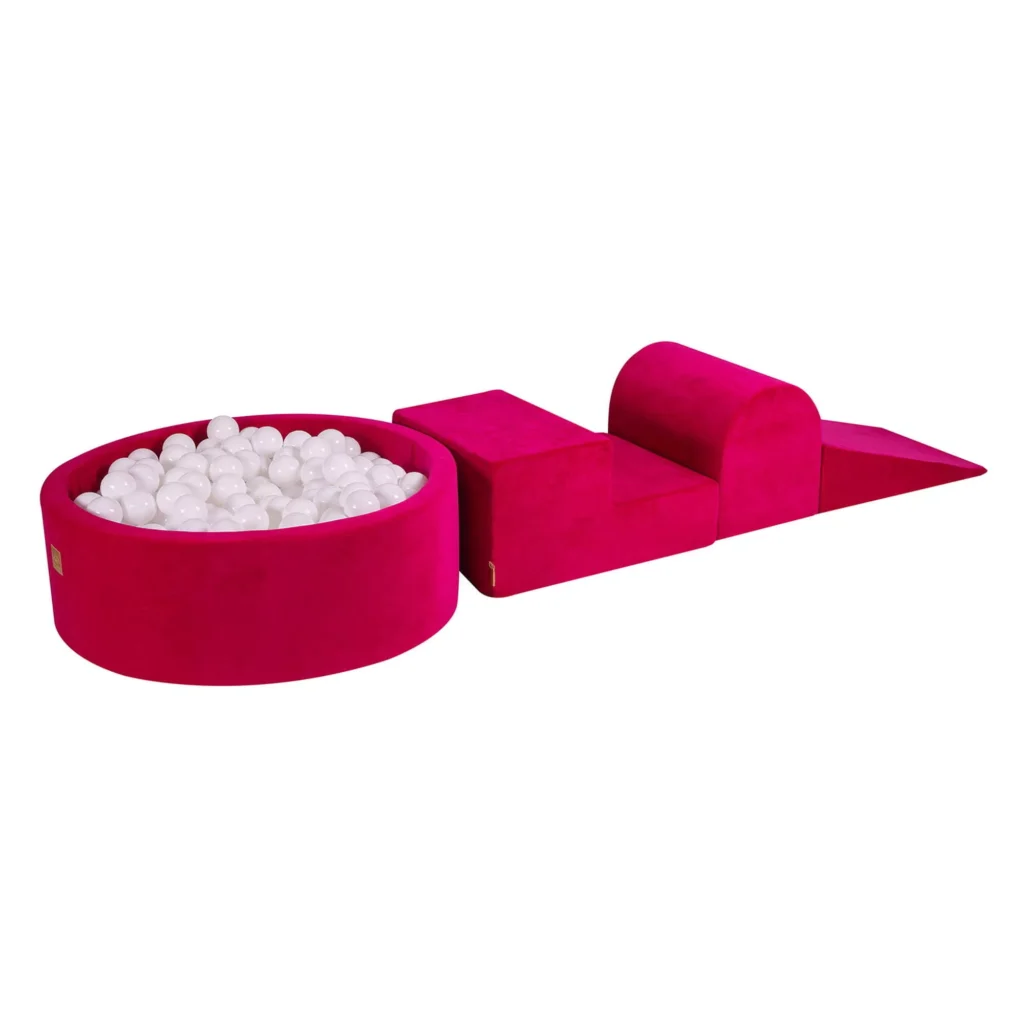 Putų 3 elementų žaidimų rinkinys su kamuoliukų duobe 90x30cm ir 200 kamuoliukų Sertifikuota, aksominė, purpurinė: balta
