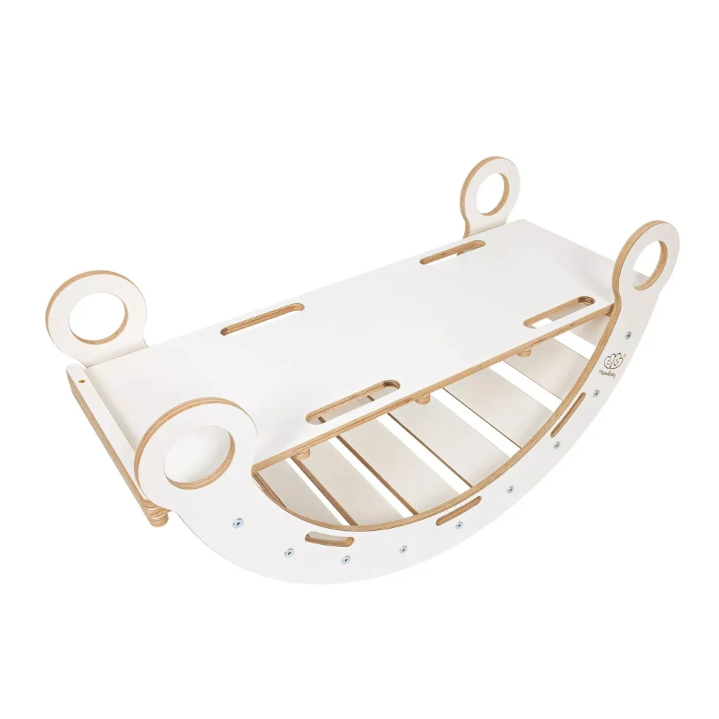Vidutinio dydžio svajonių supynė "Medium Dream Rocker White Wood & Slide" su rožine pagalve
