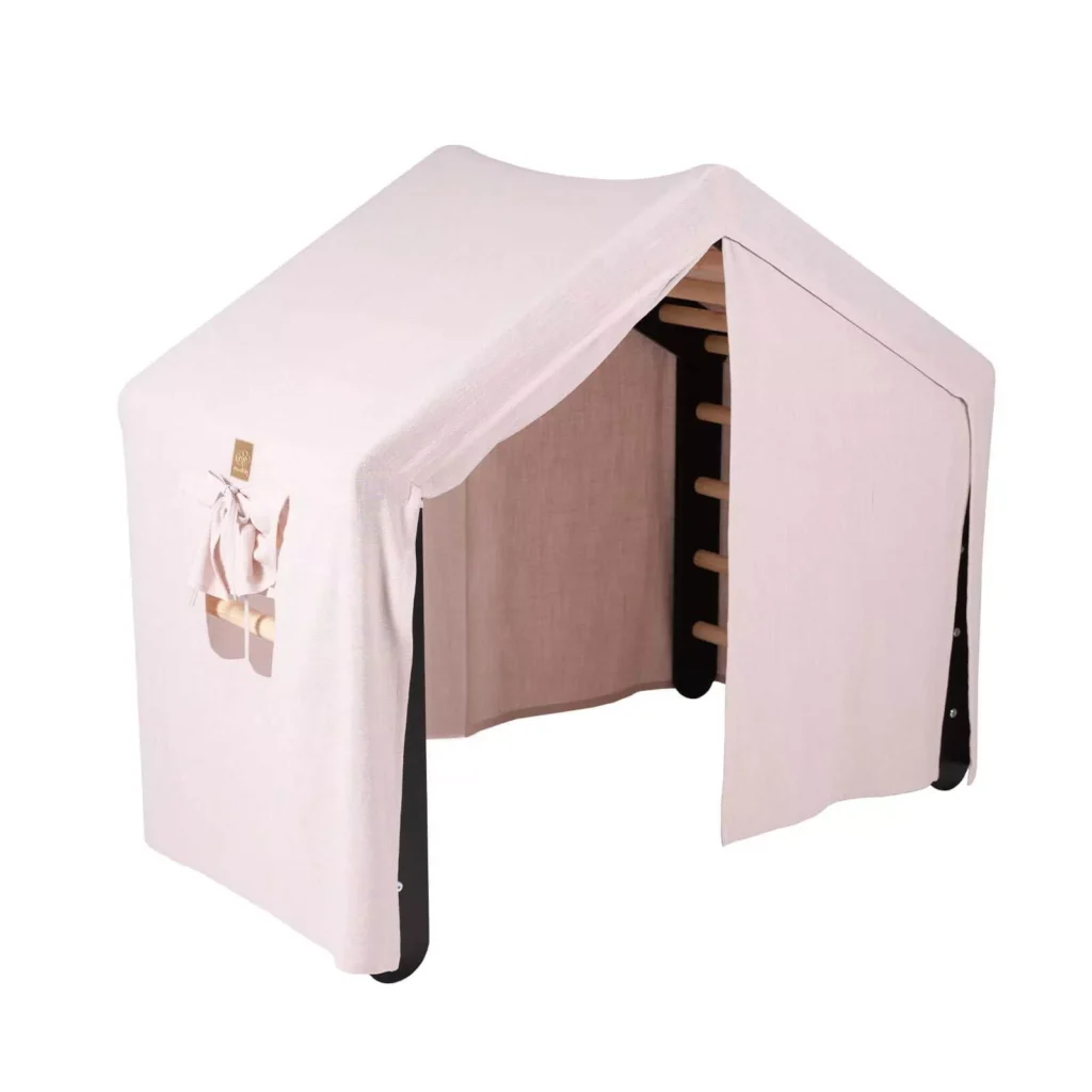 Kopėčių kopėčios Didelis namas 112x61x94 cm Vidinis namelis su palapine. Medis, linas, viskozė, rožinis namas, juodos kopėčios