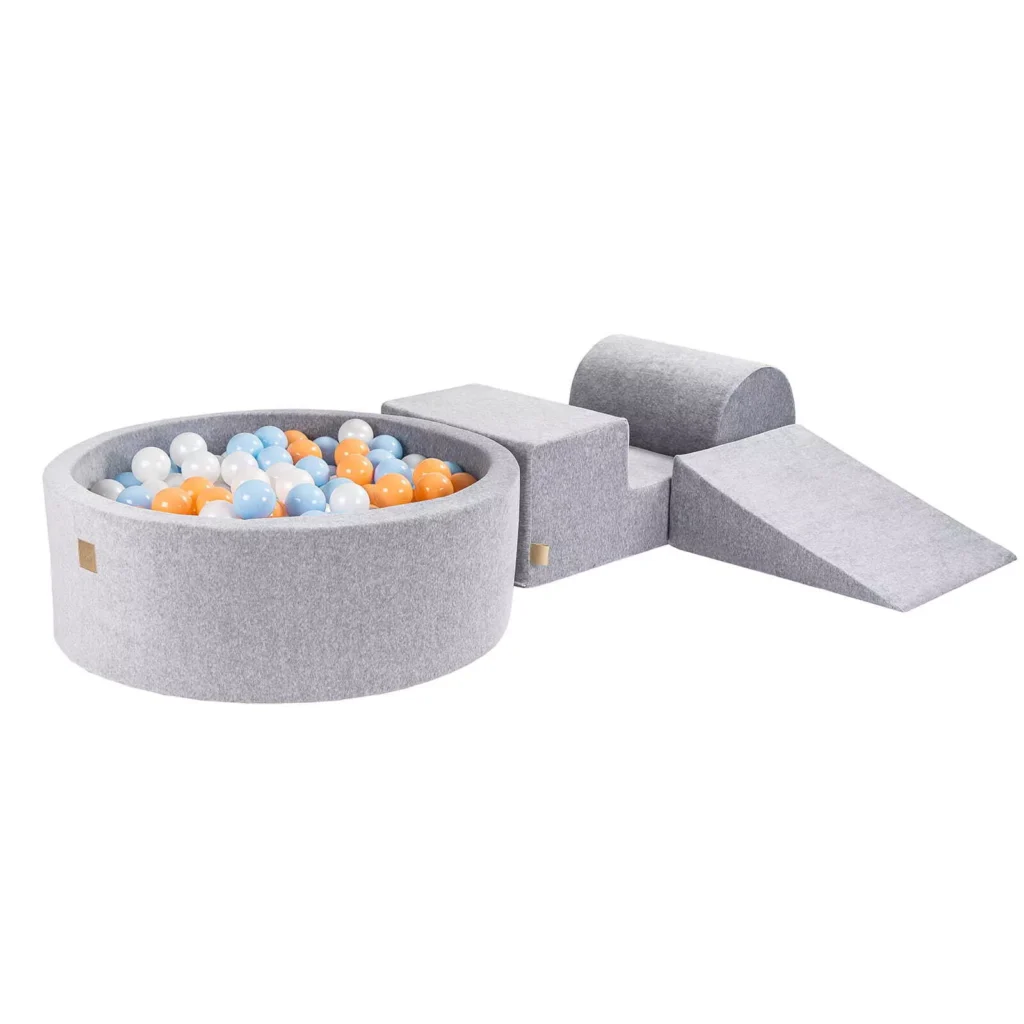 Putų 3 elementų žaidimų rinkinys su kamuoliukų duobe 90x30 cm ir 200 kamuoliukų Sertifikuota, aksominė, šviesiai pilka: persikų / kūdikių mėlyna / balta perlamutrinė