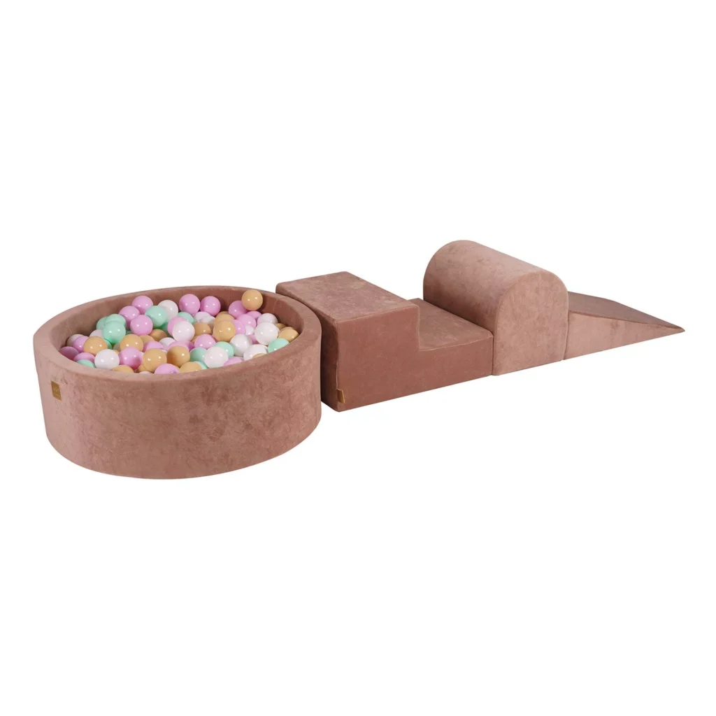 Putų 3 elementų žaidimų rinkinys su kamuoliukų duobe 90x30cm ir 200 kamuoliukų Sertifikuota, aksominė, smėlio spalvos: pastelinė rožinė/meninė/balta/smėlio spalva
