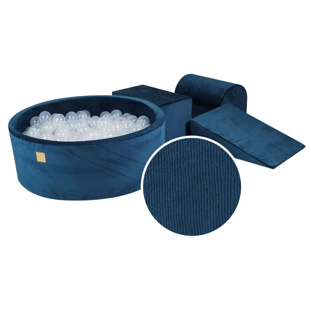 Putų 3 elementų žaidimų rinkinys su kamuoliukų duobe 90x30 cm ir 200 sertifikuotų kamuoliukų, aksominis velvetas, mėlyna jūros spalva, kamuoliukai: skaidrus