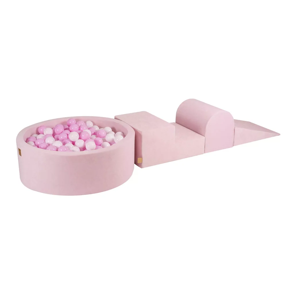Putų 3 elementų žaidimų rinkinys su kamuoliukų duobe 90x30 cm ir 200 kamuoliukų Sertifikuota, aksominė, "Power Pink": balta/pastelinė rožinė