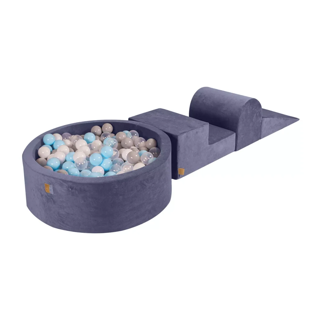 Putų 3 elementų žaidimų rinkinys su kamuoliukų duobe 90x30cm ir 200 kamuoliukų Sertifikuota, aksominė, pilkai mėlyna: Babyblue/Grey/White/Transparent