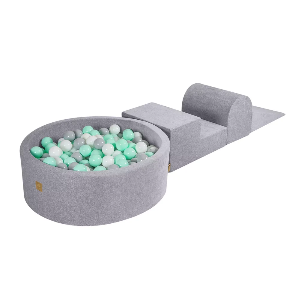 Putų 3 elementų žaidimų rinkinys su kamuoliukų duobe 90x30 cm ir 200 kamuoliukų Sertifikuota, aksominė, šviesiai pilka: balta/pilka/žalsva