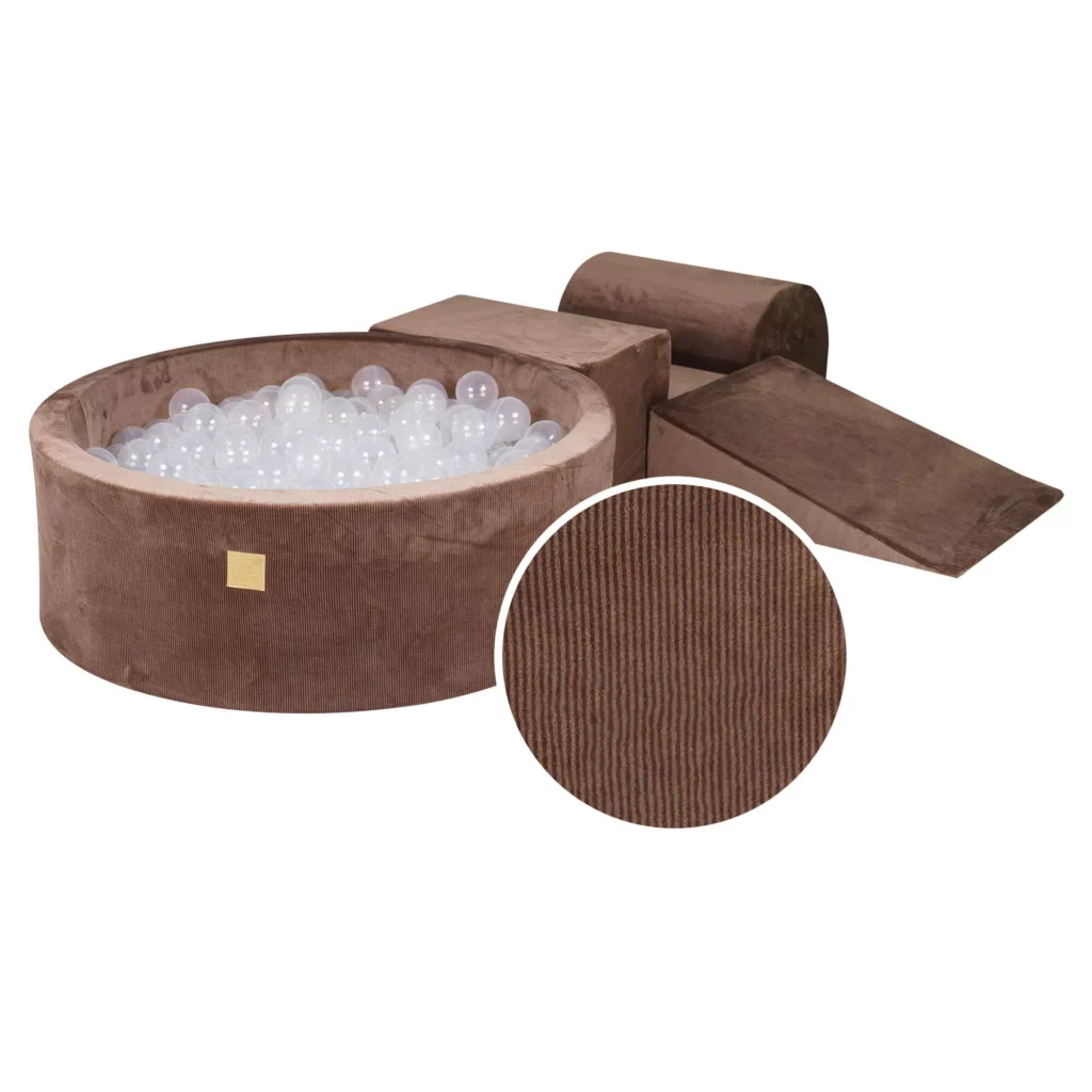 Putų 3 elementų žaidimų rinkinys su kamuoliukų duobe 90x30cm ir 200 kamuoliukų Sertifikuota, aksominis velvetas, šokoladas, kamuoliukai: skaidrūs