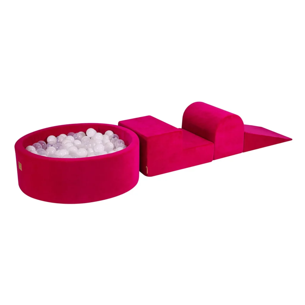 Putų 3 elementų žaidimų rinkinys su kamuoliukų duobe 90x30cm ir 200 kamuoliukų Sertifikuota, aksominė, purpurinė: balta/permatoma