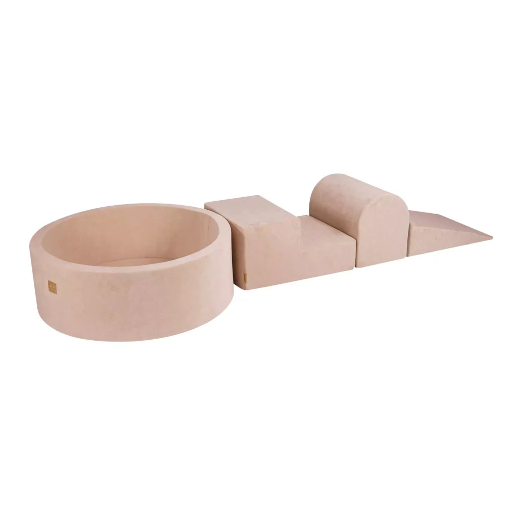 Putų 3 elementų žaidimų rinkinys su kamuoliukų duobe 90x30cm Sertifikuota, aksominė, Ecru be kamuoliukų