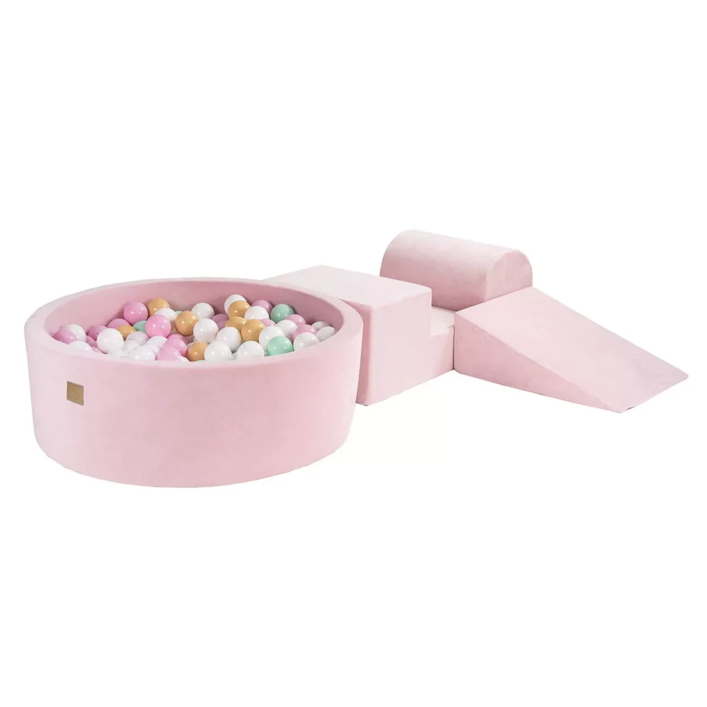 Putų 3 elementų žaidimų rinkinys su kamuoliukų duobe 90x30 cm ir 200 kamuoliukų Sertifikuota, aksominė, šviesiai rožinė: smėlio/balto/minkšto/bazinės rožinės spalvos