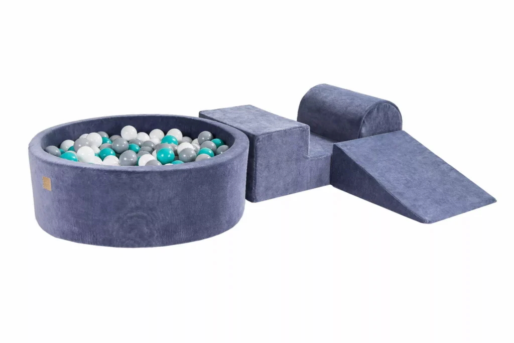 Putų 3 elementų žaidimų rinkinys su kamuoliukų duobe 90x30 cm ir 200 kamuoliukų Sertifikuota, aksominė, mėlynai pilka: balta/pilka/turkio spalva
