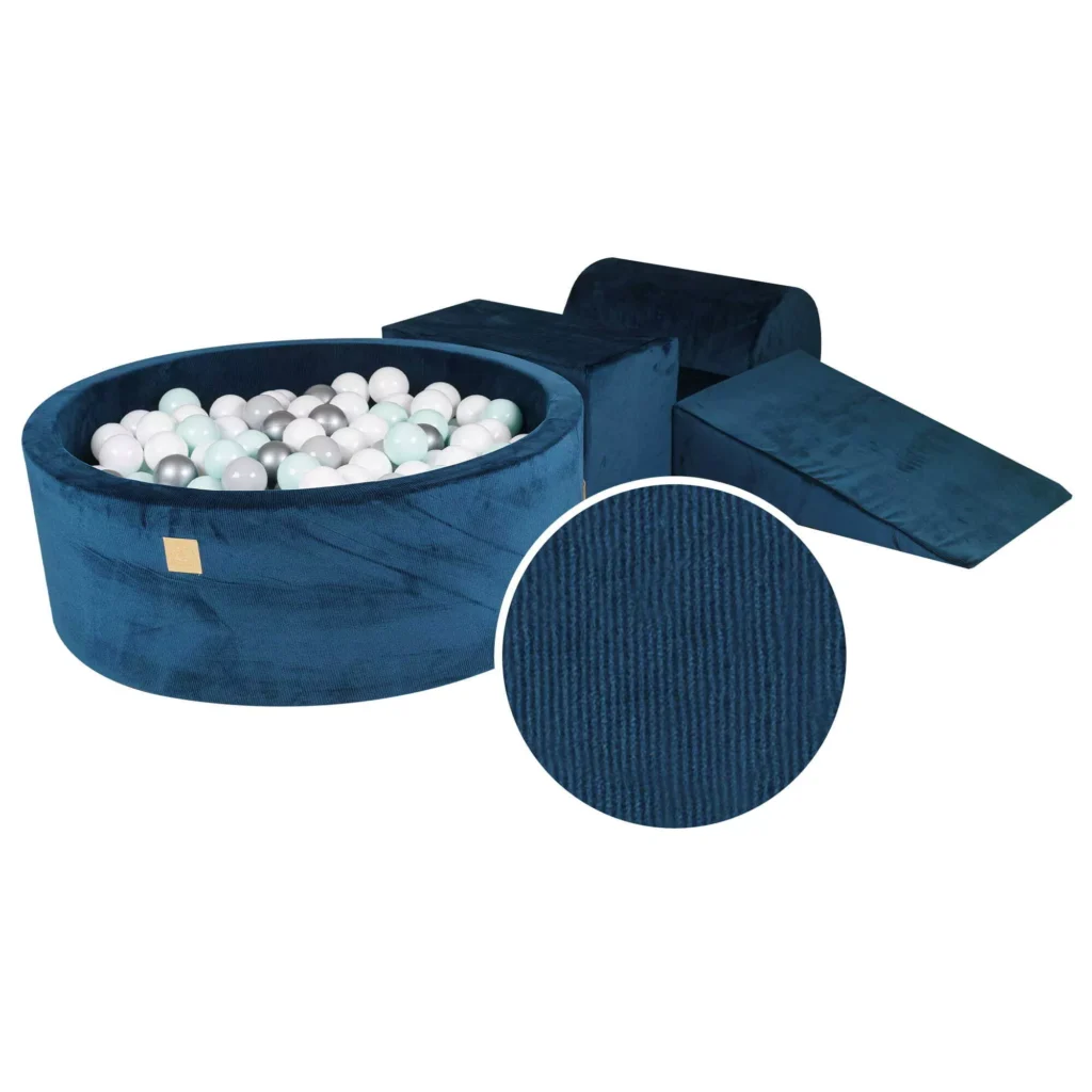 Putų 3 elementų žaidimų rinkinys su kamuoliukų duobe 90x30cm su 200 kamuoliukų Sertifikuota, aksominis velvetas, mėlyna jūros spalva, kamuoliukai: balti, pilki, sidabriniai, mėtų spalvos