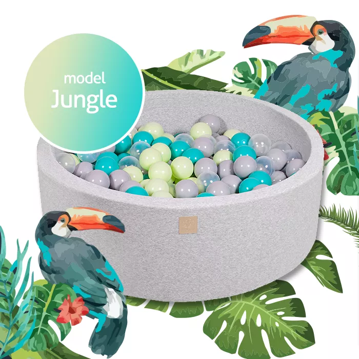 Apvali kamuoliukų duobė su 250 kamuoliukų, 90x30cm, šviesiai pilka, medvilnė, modelis "Jungle