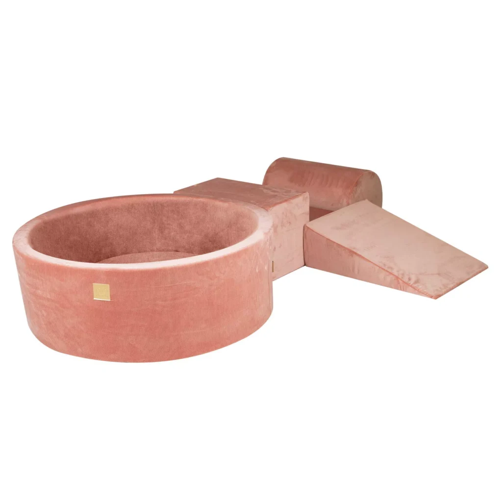 Putų 3 elementų žaidimų rinkinys su kamuoliukų duobe 90x30 cm su 200 kamuoliukų Sertifikuota, aksominis velvetas, abrikosinė, be kamuoliukų