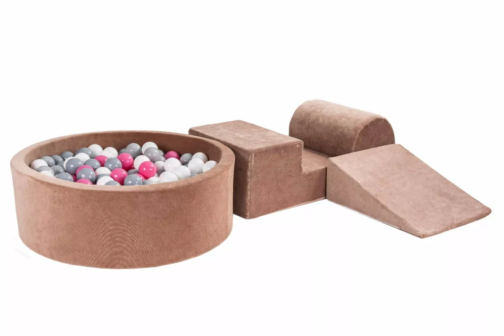 Putų 3 elementų žaidimų rinkinys su kamuoliukų duobe 90x30 cm ir 200 kamuoliukų Sertifikuota, aksominė, smėlio spalvos: šviesiai rožinė/pilka/balta