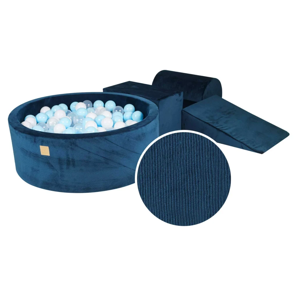 Putų 3 elementų žaidimų rinkinys su kamuoliukų duobe 90x30 cm ir 200 kamuoliukų Sertifikuota, aksominis velvetas, mėlyna jūros spalva, kamuoliukai: balti, mėlyni, skaidrūs