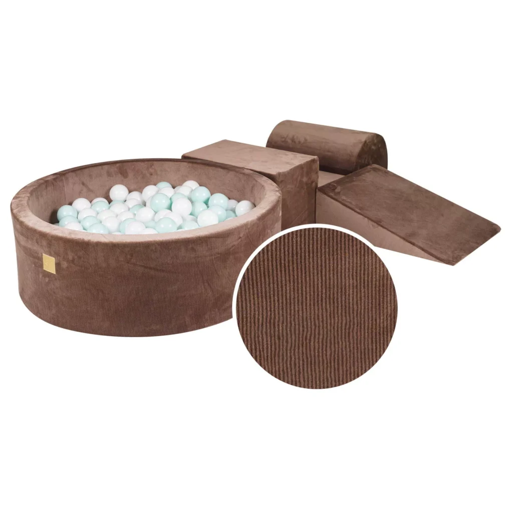 Putų 3 elementų žaidimų rinkinys su kamuoliukų duobe 90x30 cm ir 200 kamuoliukų Sertifikuota, aksominis velvetas, šokoladas, kamuoliukai: balti, mėtų spalvos