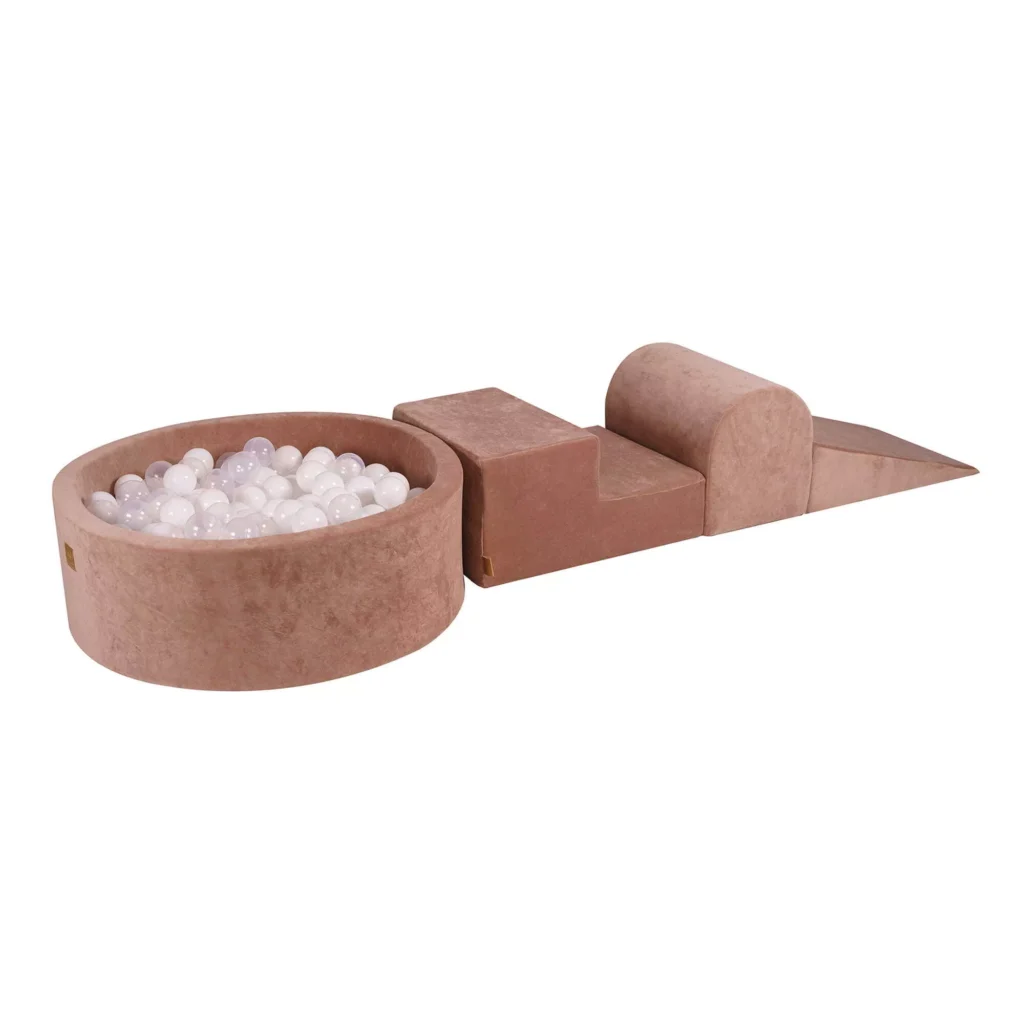 Putų 3 elementų žaidimų rinkinys su kamuoliukų duobe 90x30cm ir 200 kamuoliukų Sertifikuota, aksominė, smėlio spalvos: balta/permatoma