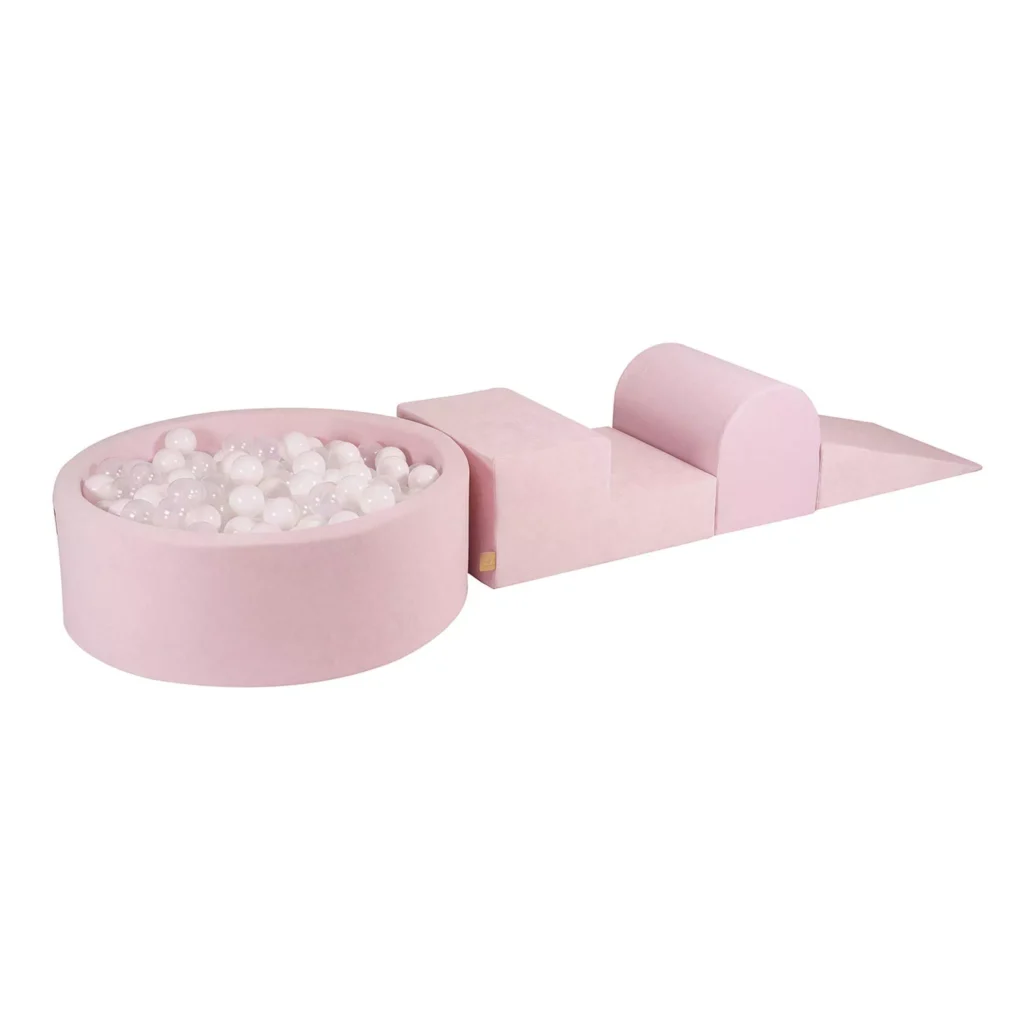 Putų 3 elementų žaidimų rinkinys su kamuoliukų duobe 90x30cm ir 200 kamuoliukų Sertifikuota, aksominė, "Power Pink": balta/permatoma