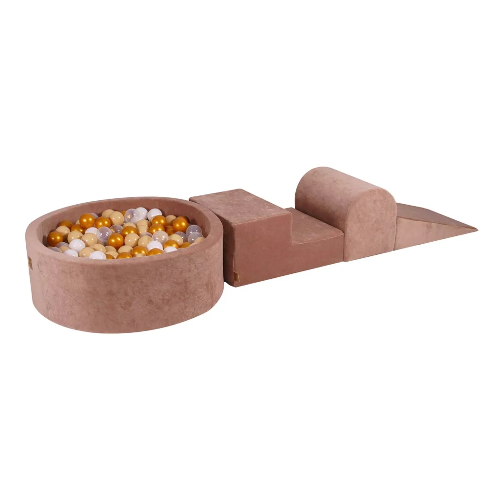 Putų 3 elementų žaidimų rinkinys su kamuoliukų duobe 90x30cm ir 200 kamuoliukų Sertifikuota, aksominė, smėlio spalvos: auksinė/smėlio/balta/permatoma